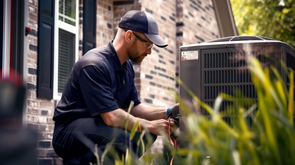 Service technician install AC unit