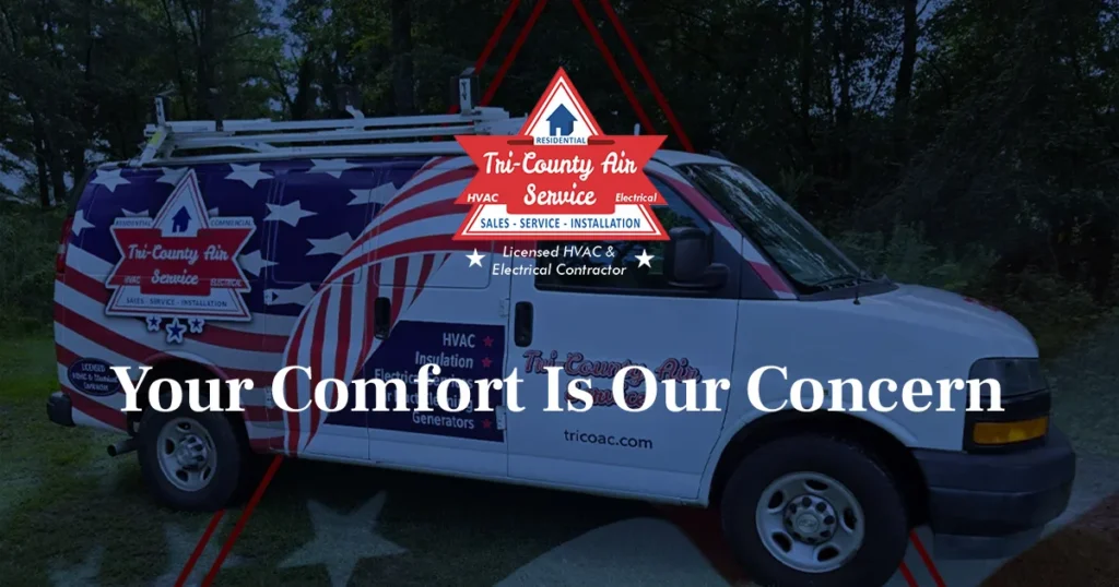 White service van with patriotic red and blue design for Tri-County Air Service, a licensed HVAC and electrical contractor offering sales, service, and installa